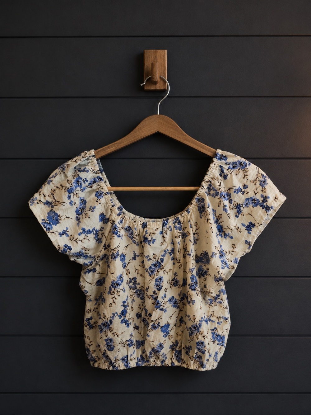 a new day Cream Floral Scoop-Neck Peasant Top with Blue Print